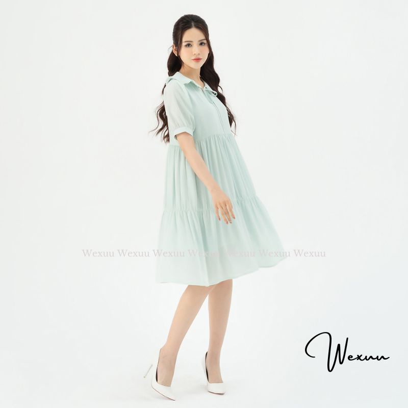 Váy thiết kế cao cấp Wexuu Design dáng babydoll cổ tiểu thư chất tơ lót lụa mềm mại nhẹ nhàng- V18