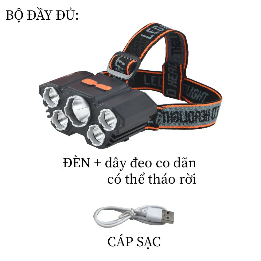 Đèn Pin Đội Đầu, Đeo Trán 5 Bóng, Đèn Pin Siêu Sáng Tích Điện Chống Nước Thích Hợp Đi Dã Ngoại