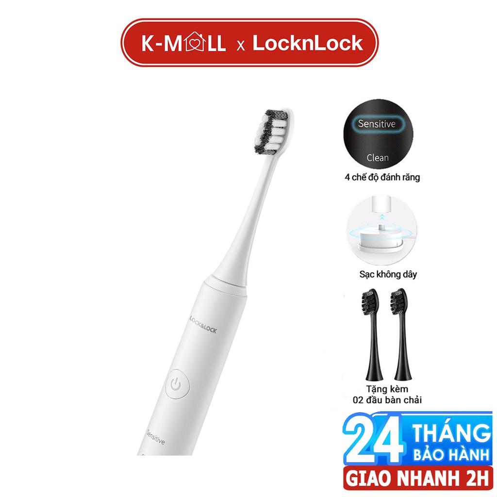 Bàn chải điện LocknLock sạc không dây chống nước, đèn led thông minh tặng 2 đầu chải ENR346 màu trắng - K-MALL