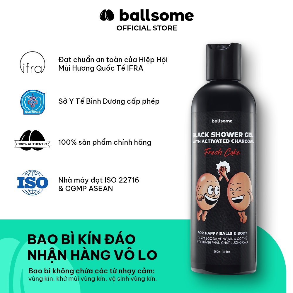 Combo 02 Gel Tắm Than Hoạt Tính Ballsome Sạch Cơ Thể & Khử Mùi Vùng Kín Nam Giới Hiệu Quả 250ml x 2