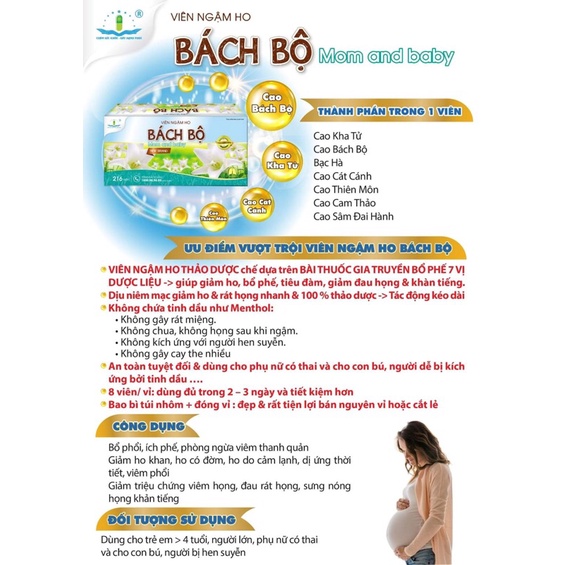 viên kẹo ngậm ho bách bộ mom and baby new brand (trẻ 6 tuổi đến người lớn, phụ nữ có thai, cho con bú: bổ phế, giảm ho