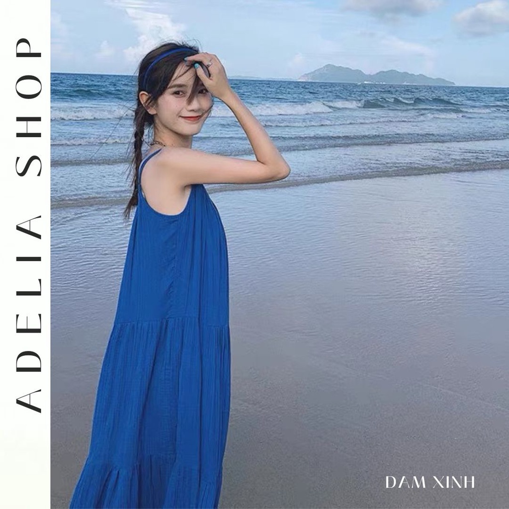 「ADELIA」Đầm Maxi Đi Biển Màu Xanh Dương Mát Mắt Dáng Dài Xòe Chất Voan 2 Lớp Mềm, Đầm Đi Biển Xanh Ulzzang