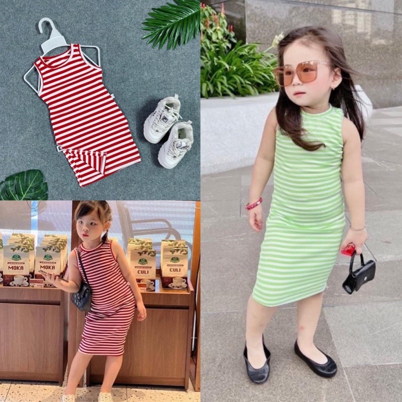 Đầm Body Balo Hoạ Tiết Sọc Xẻ Tà Cho Bé Gái Chất Thun Mềm Mại Co Dãn