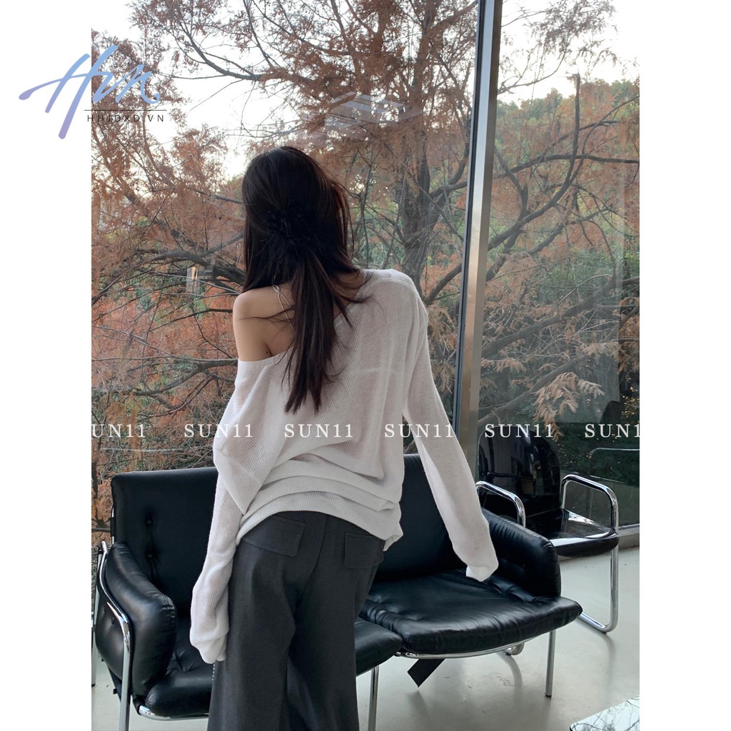 Áo Dệt Kim Tay Dài Cổ Chữ V Màu Trắng Trong Suốt Dáng Rộng Thời Trang Mùa Xuân 2023 Cho Nữ