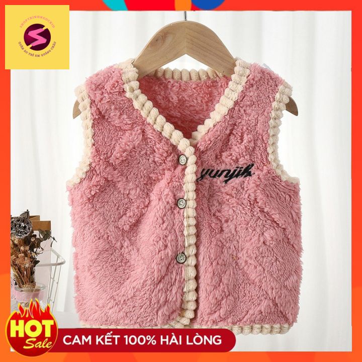 Áo khoác gile trẻ em, áo gi lê lông chữ thêu cao cấp hàng quảng châu không rụng lông bé trai bé gái