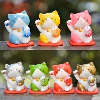 Set 7 em mèo thần tài cầm ngọc mô hình dễ thương để bàn, trưng tủ
