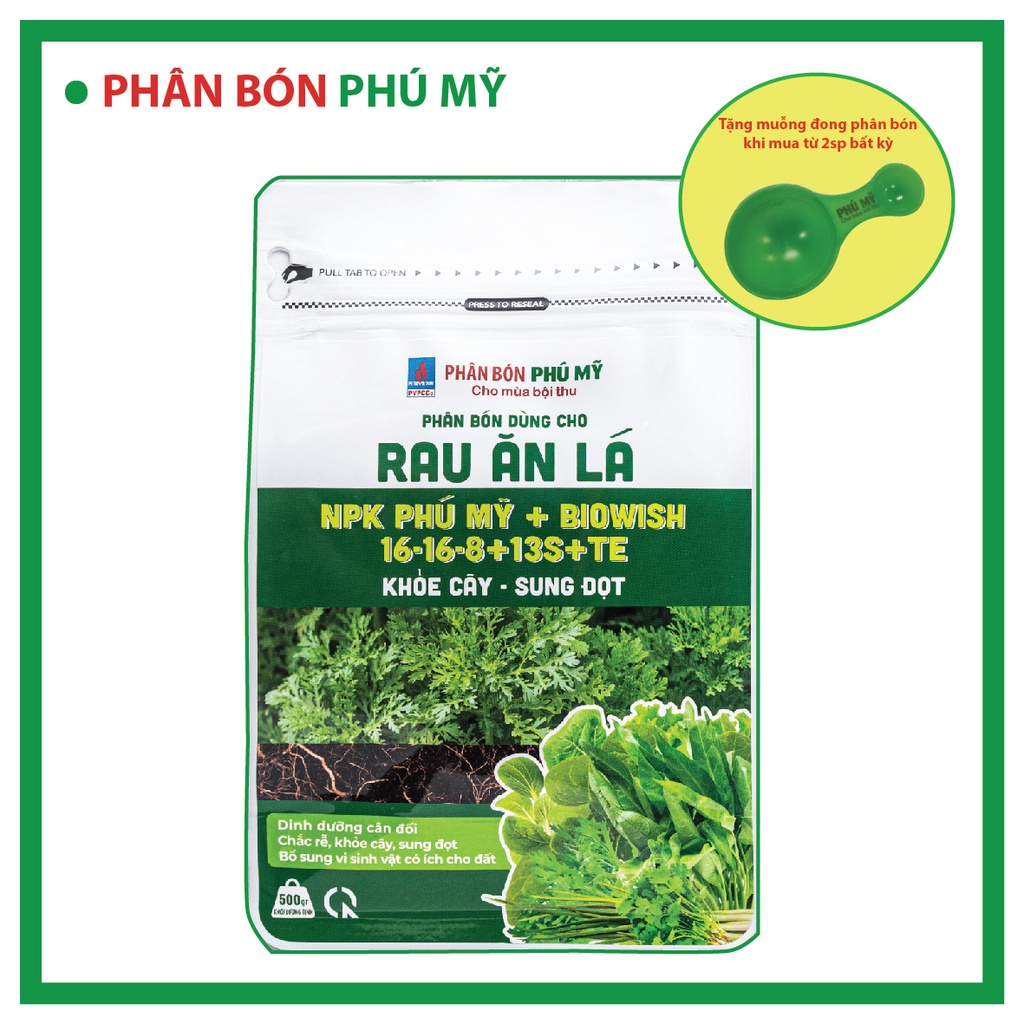 Phân Bón NPK Phú Mỹ + BiOWiSH Cho Rau Ăn Lá 16-16-8+13S+TE Túi 500g, Phân Bón Cung Cấp Vi Sinh Cho Cây Rau Lá
