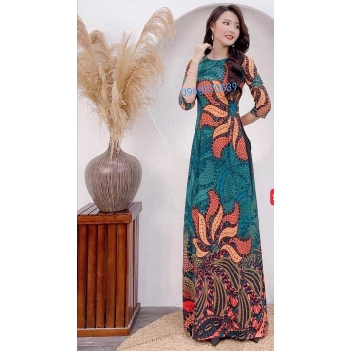 Áo dài tay nữ lụa Nhật truyền thống MINH KHANG in 6D may sẵn in họa tiết đơn giản phối màu quần xanh dương lịch lãm