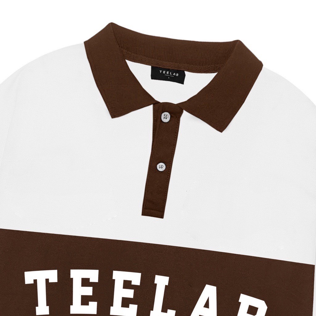 Áo Polo Teelab Phối Line Trắng Nâu, Polo Tay Lỡ Nam Nữ Chất Cá Sấu
