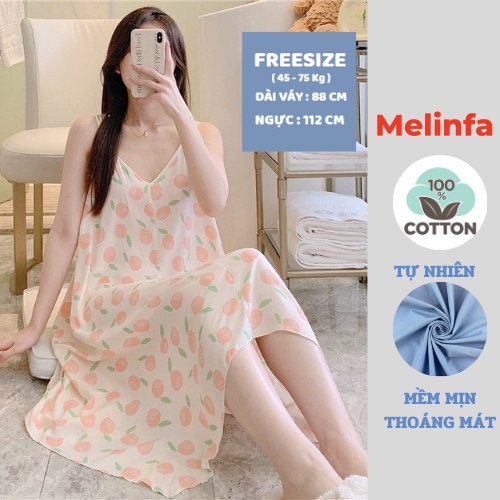 Váy ngủ hai dây vải Cotton lanh lụa tự nhiên mềm mịn mát lạnh, đầm ngủ nữ mặc nhà nữ cổ V dáng chữ A sẻ vạt  mã V0252