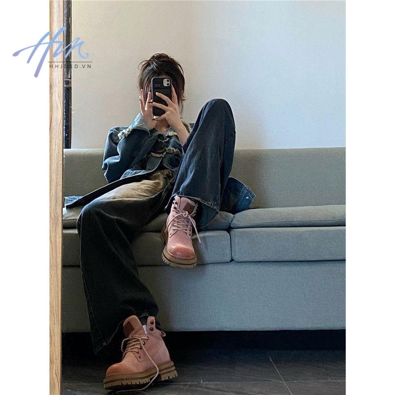 Quần Jean Nữ Ống Rộng Lưng Cao Phong Cách Retro Mỹ Thời Trang Mùa Thu Mới