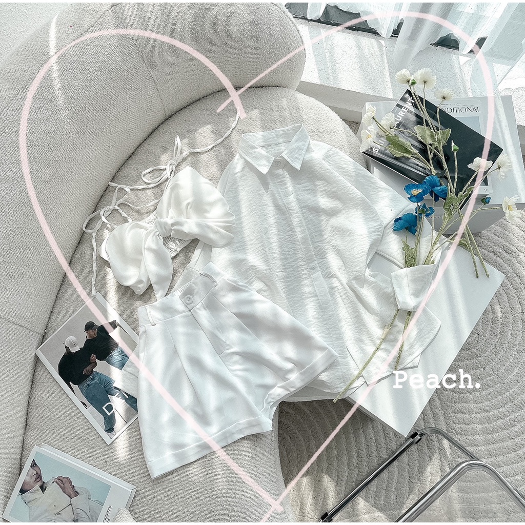 SÉT 3 MÓN ĐI BIỂN KHOÁC SƠ MI KÈM BRA CỘT NƠ SHORT