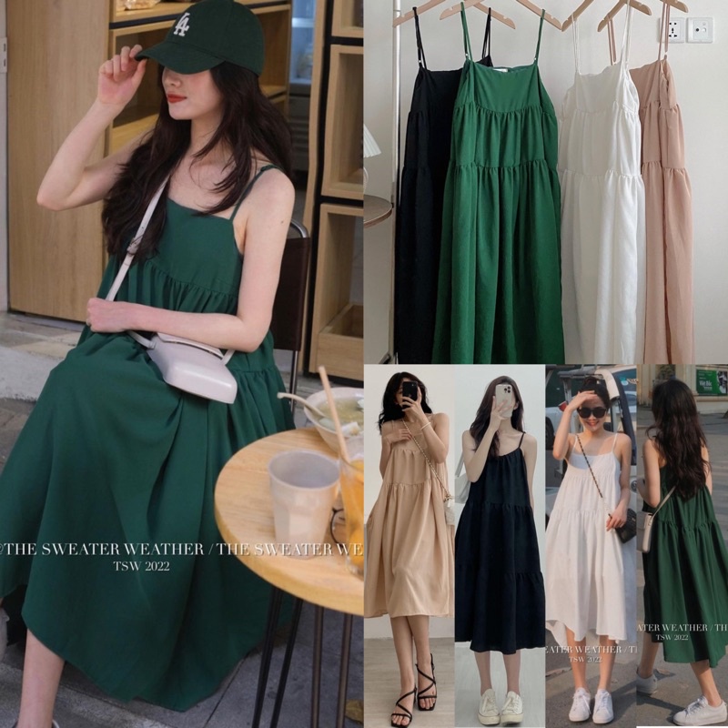 Váy hai dây dáng xoè, đầm babydoll 3 tầng chất đũi thời trang học sinh