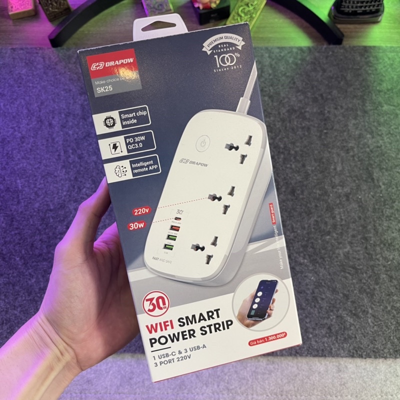 Ổ cắm điện thông minh kết nối App Drapow SK25 3 ổ cắm điện 2500W 1 cổng type C 30W 1 cổng sạc nhanh Q.C 18W, 2 cổng USBA