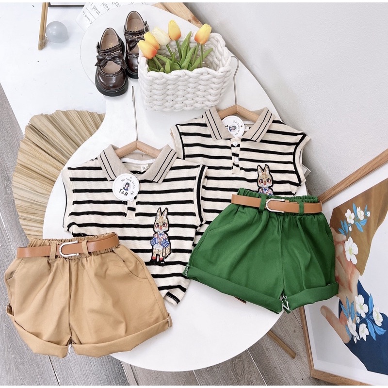 Set bộ bé gái, set áo len thỏ quần kaki kèm đai , sét áo kẻ cotton quần kaki kèm đai cho bé 8-28kg