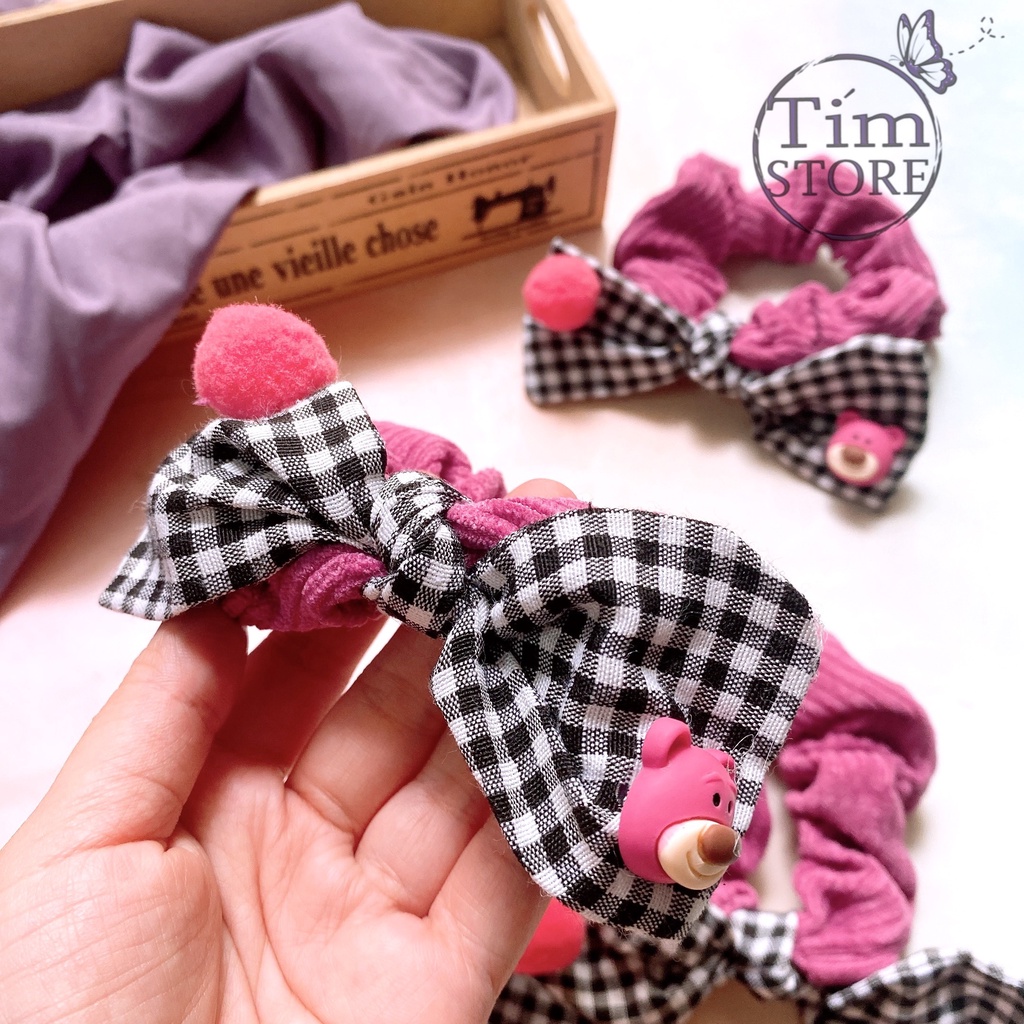 Cột tóc nơ caro gấu dâu lotso losto TIMSTORE phụ kiện buộc tóc dễ thương