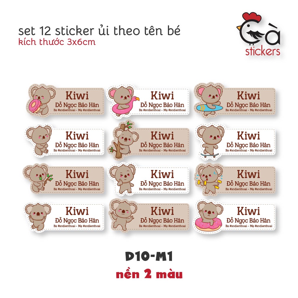 Sticker ủi áo in tên trẻ em GaStickers UT-D10- bộ 12 miếng kích thước 3 x 6 cm