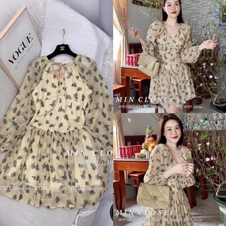 Váy Voan Hoa Tay Dài Chiết Eo Xinh Xắn (hàng 2 lớp) loại 1, Đầm Xoè Hottrend