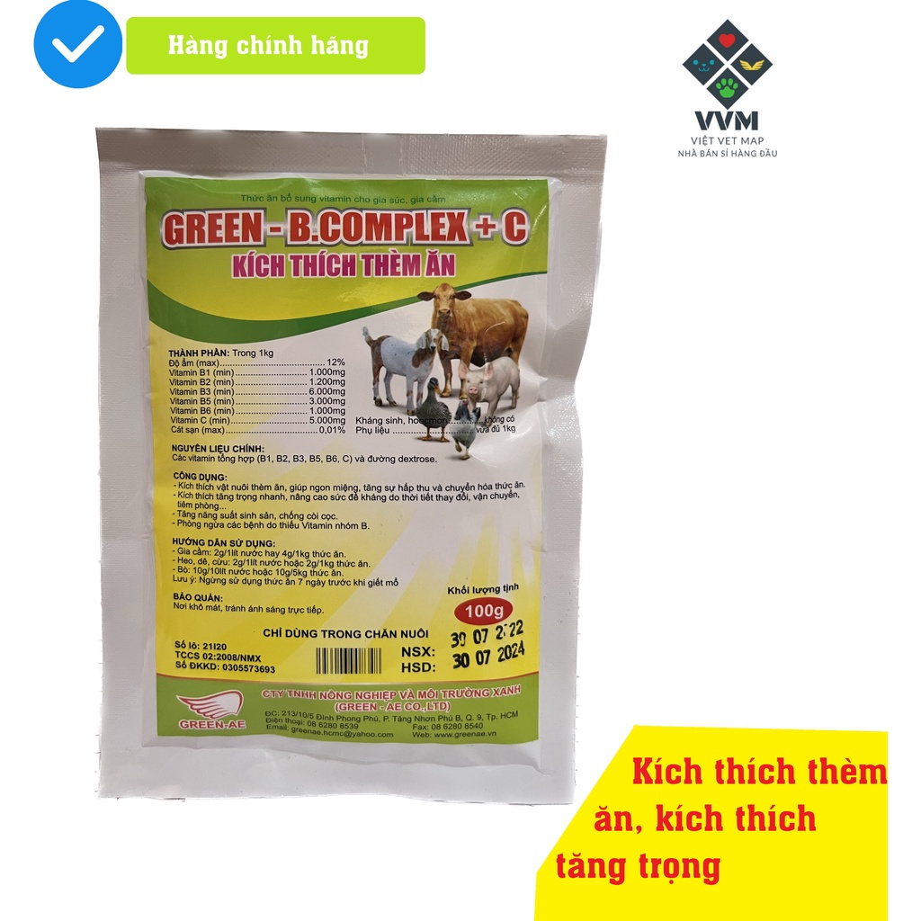 Kích thích thèm ăn, kích thích tăng trọng gà đá [Green B.complex 100g]