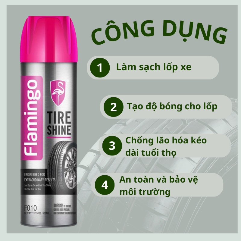 Bình xịt dưỡng bóng vỏ lốp ô tô, phục hồi nhựa đen Flamingo F010 500ml