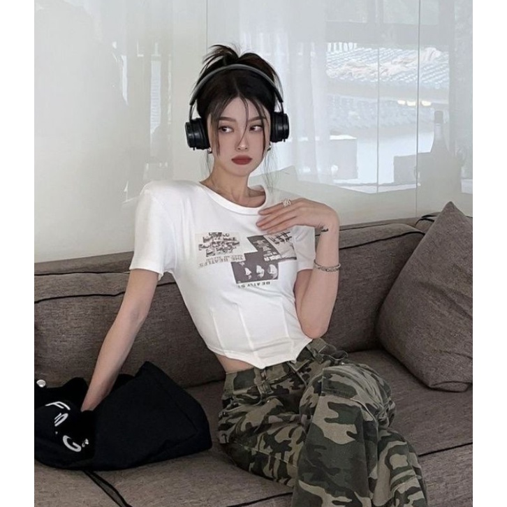 Áo Thun Dáng Ngắn Form Ôm Phong Cách retro Mỹ