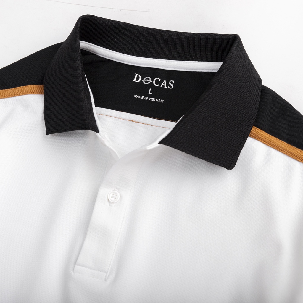 PO008-2 Áo Polo Nam DOCAS Vải Cotton CMC Màu Trắng Cổ Vai Phối Đen Phom Regular Fit