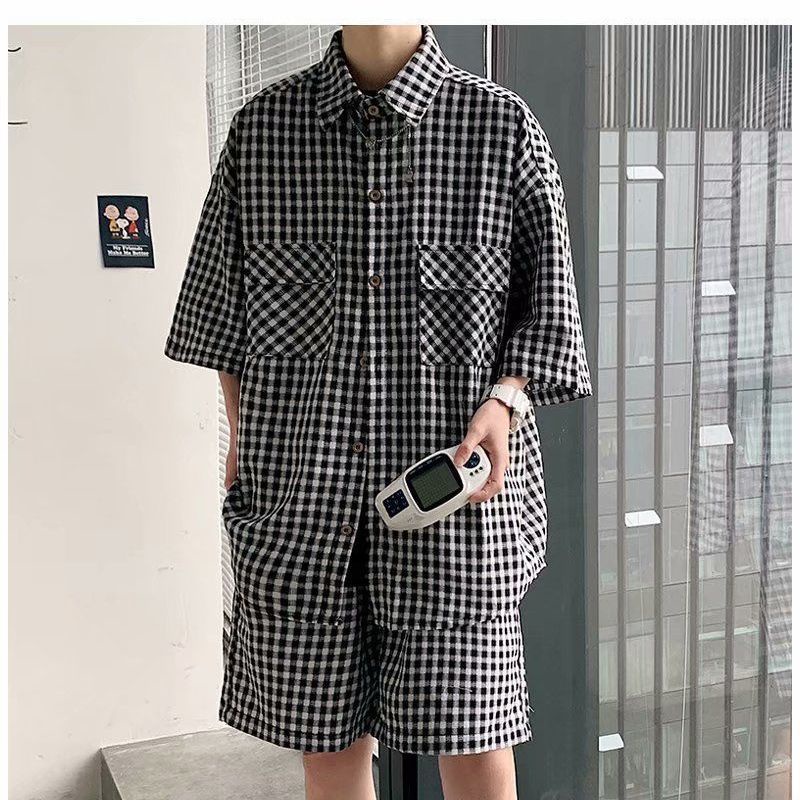 Bộ Đồ Hai Chiếc Rộng Rãi Phong Cách Hồng Kông Nam Áo Sơ Mi Kẻ Sọc Xu Hướng Phong Cách Hàn Quốc Quần Short Ngắn Tay Bộ Đồ