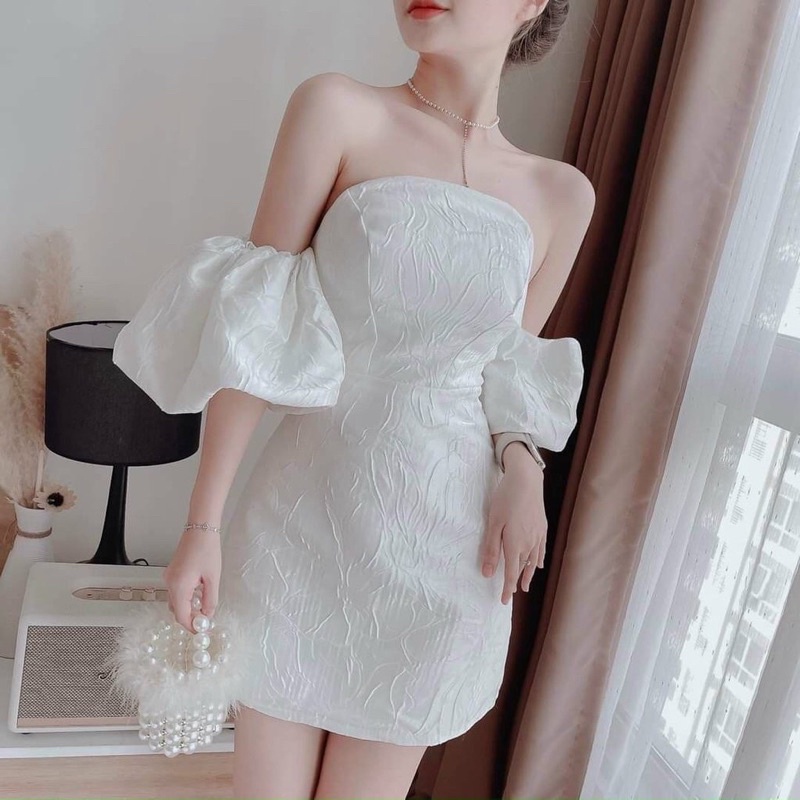 Đầm Gấm Nữ Body Sexy Cúp Ngực Tay Phồng Trễ Vai Chất Liệu Xốp Gân  Thiết Kế Sang Chảnh Đi Làm Vip 27
