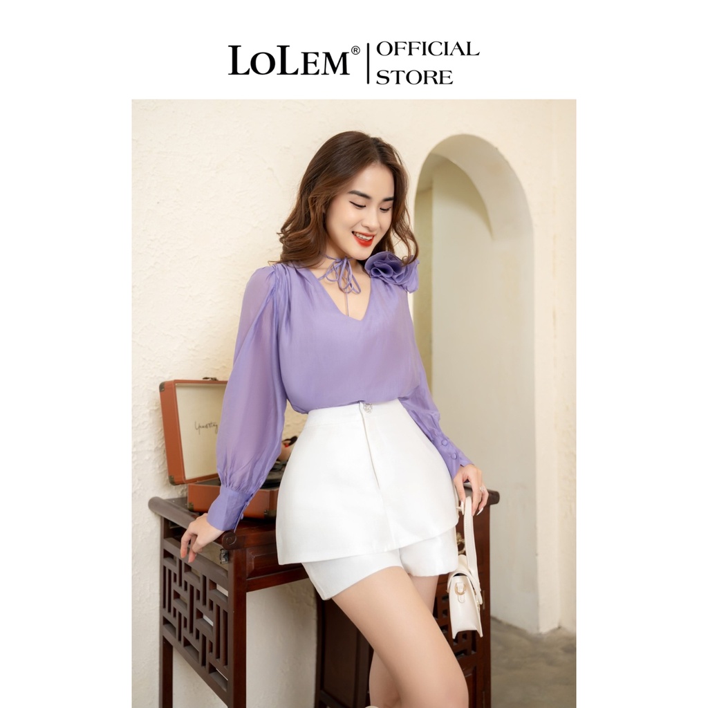 Áo cổ V LOLEM AK1339 nơ hoa vải tơ Nhật mềm mại