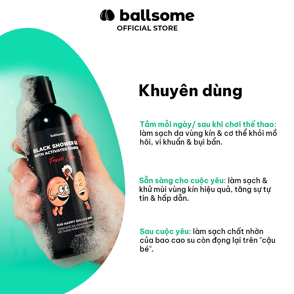 Gel Tắm Than Hoạt Tính Ballsome Sạch Cơ Thể & Khử Mùi Vùng Kín Nam Giới Hiệu Quả 250ml