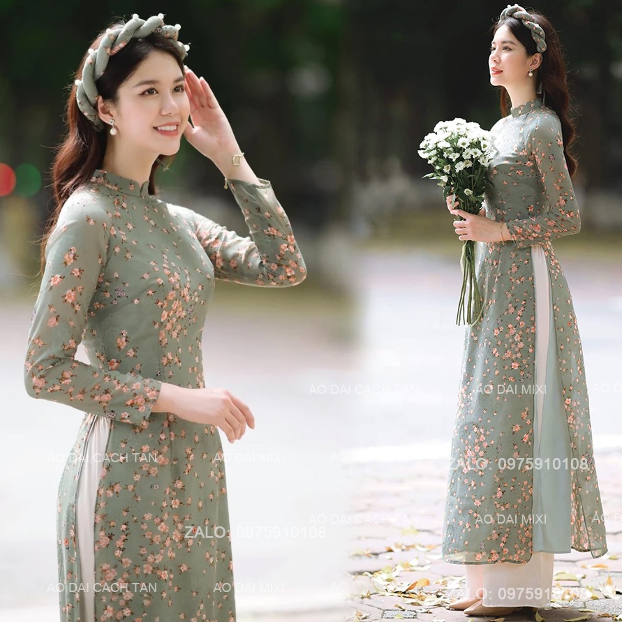 Áo dài cách tân hoa nhí vạt 4 tà lụa Hàng Châu cao cấp mềm mát mặc các sự kiện chụp hình rất đẹp