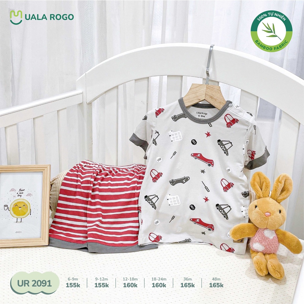 Bộ quần áo cộc tay Ualarogo 6m-4y vải Bamboo fabric cổ phối màu hình ô tô cho bé trai