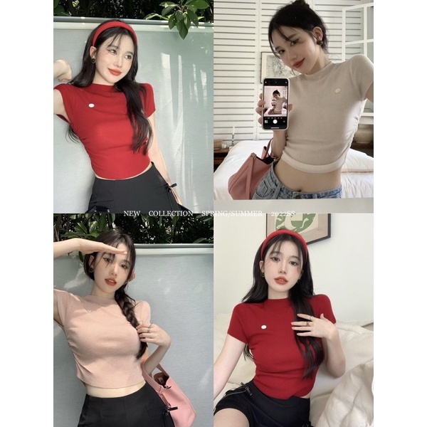 (Order) Áo thun dệt kim nữ mùa hè croptop nếp gấp trên rốn cổ tròn ngắn tay ôm body áo thun mỏng sexy hot ulzzang