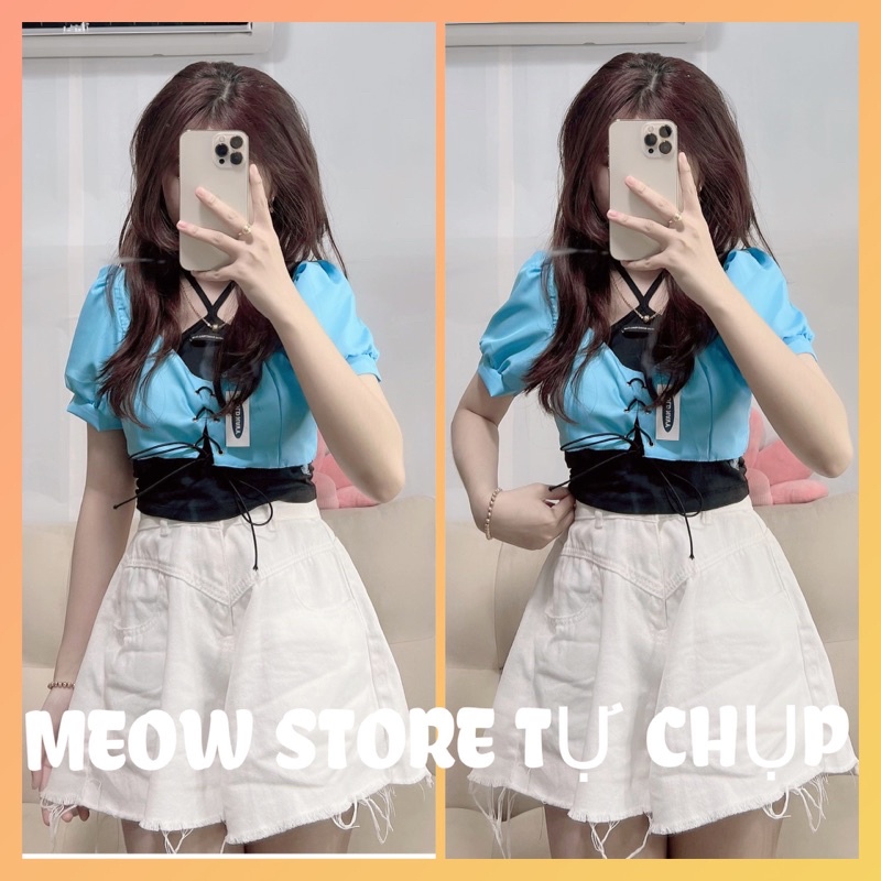 Set áo croptop vai phồng đan dây kèm áo yếm siêu ngầu Ulzzang