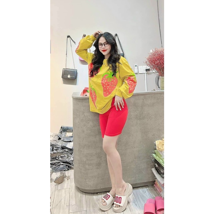 [3.3 Sales Freeship] Set bộ đùi mặc đi chơi, set áo thun tay dài from rộng in dâu phối quần lửng ngố ôm siêu cute mtb