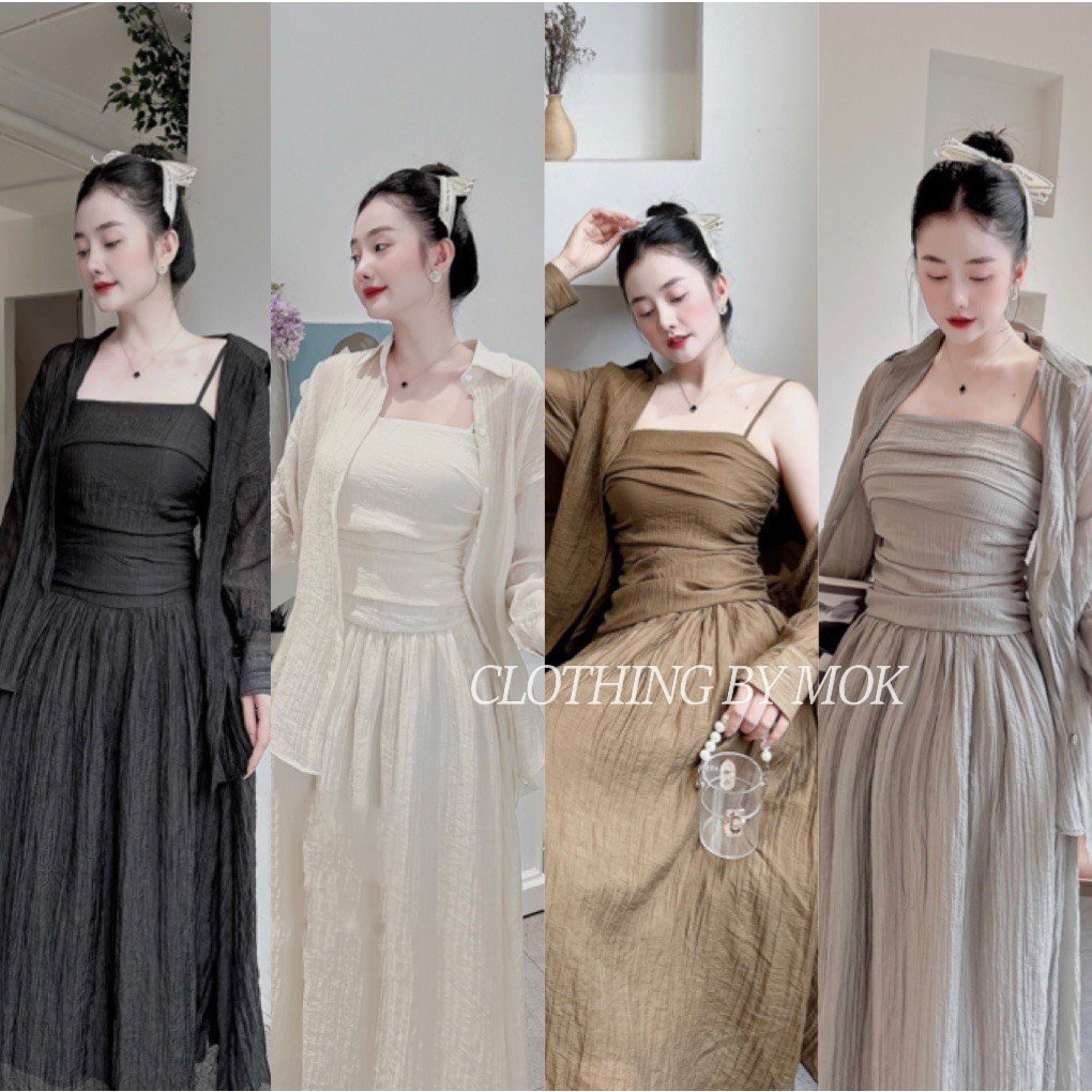 Set váy 2 dây dáng dài xoè chất tơ kết hợp áo khoác sơ mi nữ tính, xinh xắn - Clothing By Mok chuyên hàng thiết kế