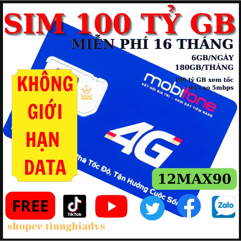 Sim 12Max90 MobiFone trọn gói 16 tháng không phải nạp tiền (180GB/ tháng), 6GB/ngày tốc độ cao ( 2880GB/ 16 tháng)