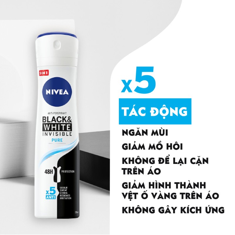 Xịt Ngăn Mùi NIVEA Black&White Ngăn Vệt Ố Vàng Vượt Trội - Thanh Mát Dịu Nhẹ (150 ml) - 82230