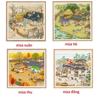 Tranh thêu chữ thập phong cảnh xuân hạ thu đông bốn mùa