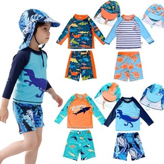 Đồ bơi bé trai cao cấp DÀI TAY KÈM MŨ CHE GÁY chống nắng UPF 50+ Size đại 10-32kg Set quần áo bơi trẻ em đi biển