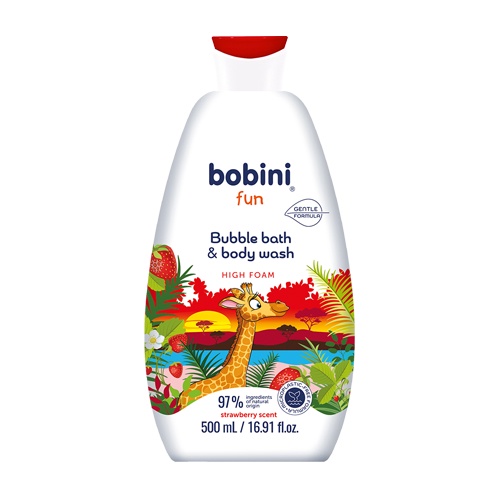 [Tặng rửa tay khô 100ml] Gel tắm tạo bọt cho trẻ em Bobini Fun mềm mịn hương dâu tây 1+ tuổi 500ML