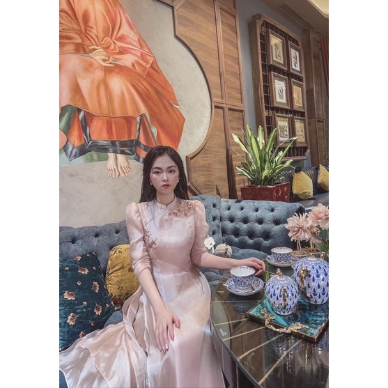 Áo Dài Hoạ Y voan tơ cao cấp 2 lớp 4 tà