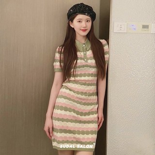 (ORDER) Váy dệt kim cổ bẻ POLO phối màu sọc ngang style Triệu Lộ Tư