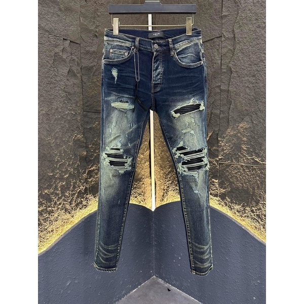 ⚡️[Hight Quality] Neww Jeans Amiri Xanh Vá Da•Hàng Loại 1 Form Skinny