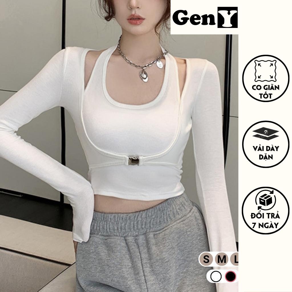 Áo croptop tay dài phối khuyên trước ngực tôn V1 GenY, Áo kiểu nữ cổ giả yếm ôm body cực tôn dáng -ADT29-