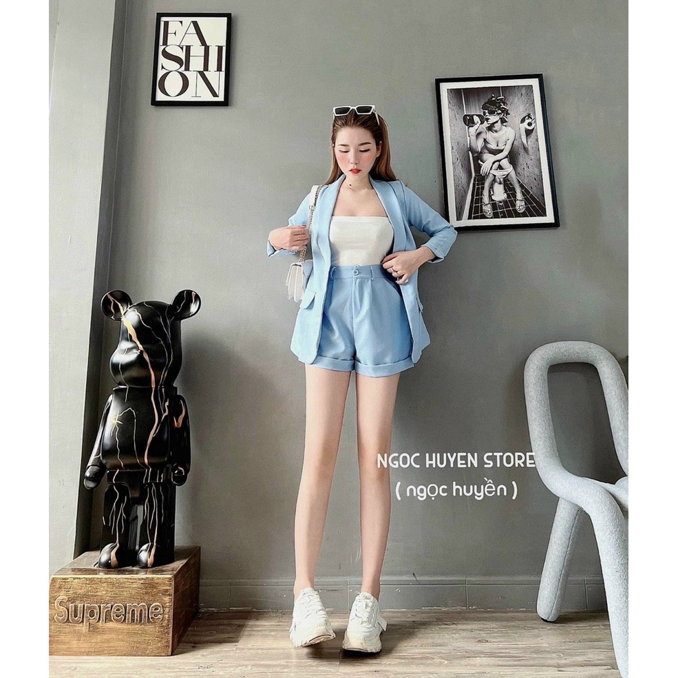 Set Hàn Quốc 3 món mặc quần đùi - set vest tiểu thư áo thun hai dây, quần đùi nữ, áo khoác vest ngoài
