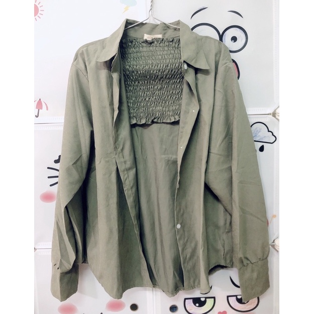 Sơ mi set 2 món, màu xanh rêu Freesize. Siêu xinh