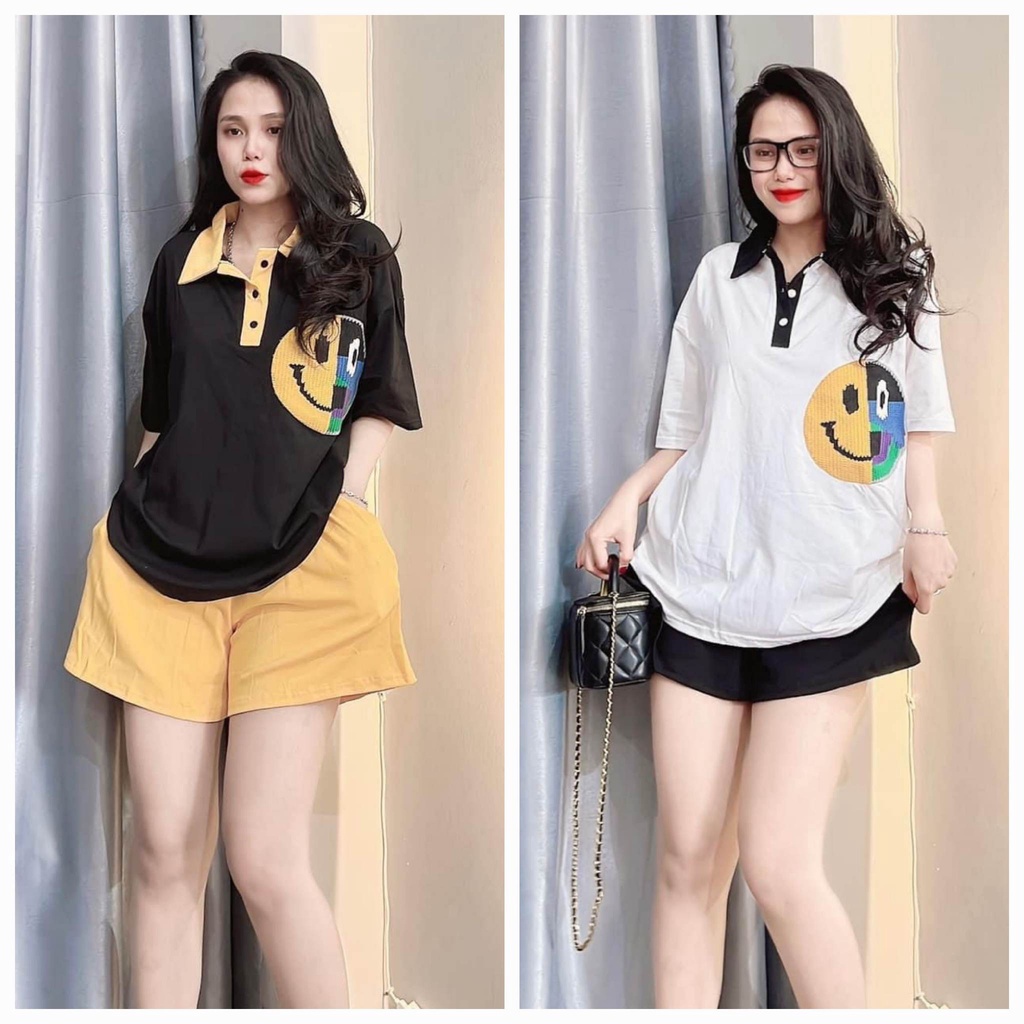 Đồ bộ nữ, set bộ quần đùi có túi và áo ngắn tay cổ bẻ form rộng in hình mặt cười vải thun cotton, bộ đồ mặc ở nhà nữ