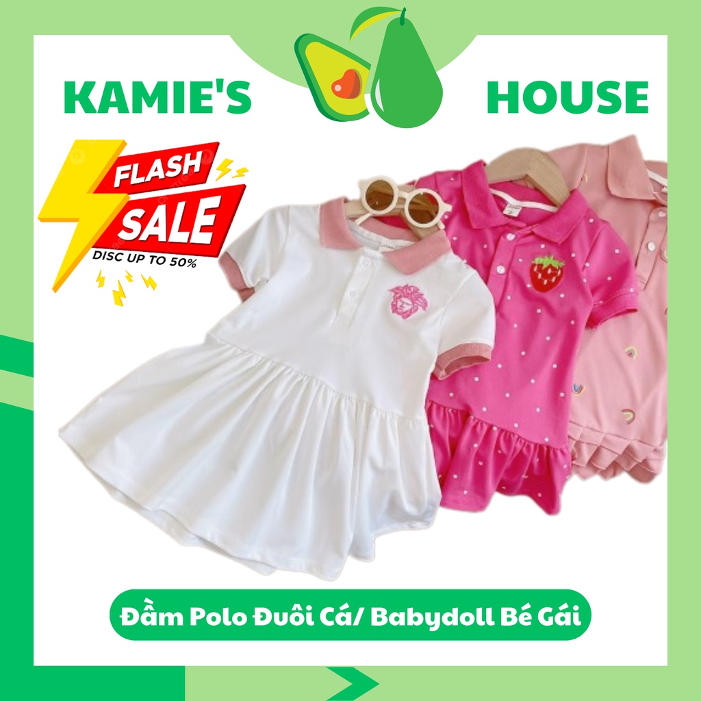 Đầm polo form suông đuôi cá tone hồng và trắng cho bé gái 8-16kg
