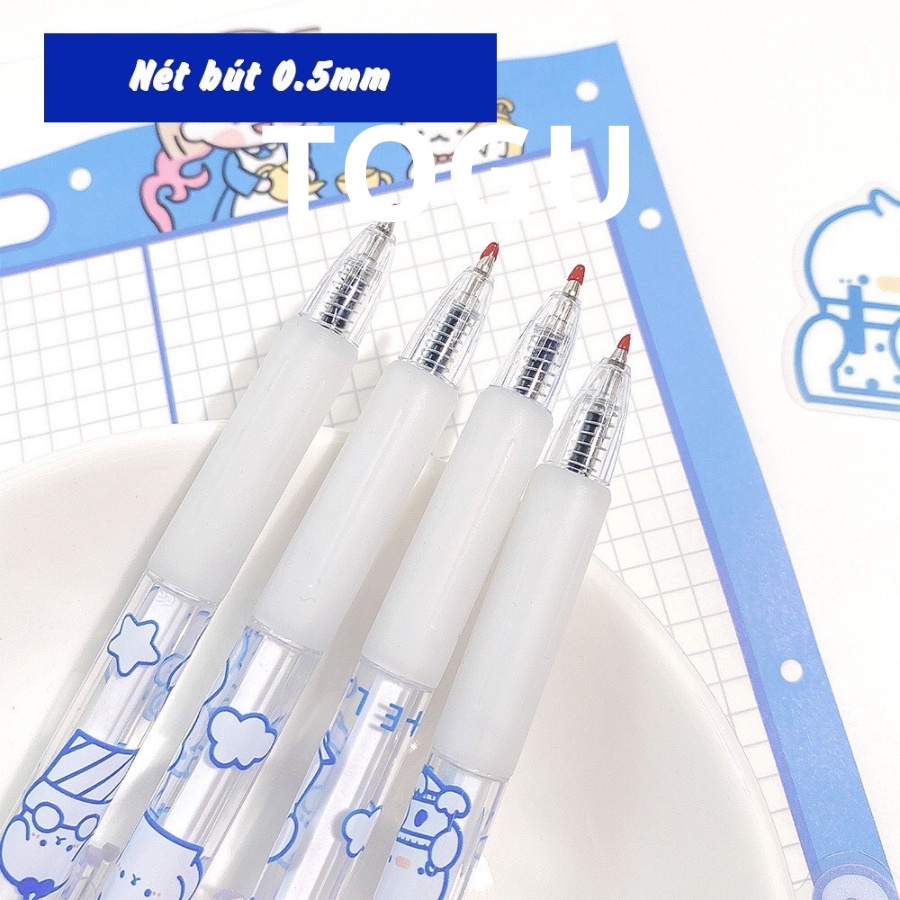 Bút bi bấm hình gấu cute TOGU bút viết trong suốt in hình sticker mực mau khô ngòi 0.5mm ruột bút dễ thay